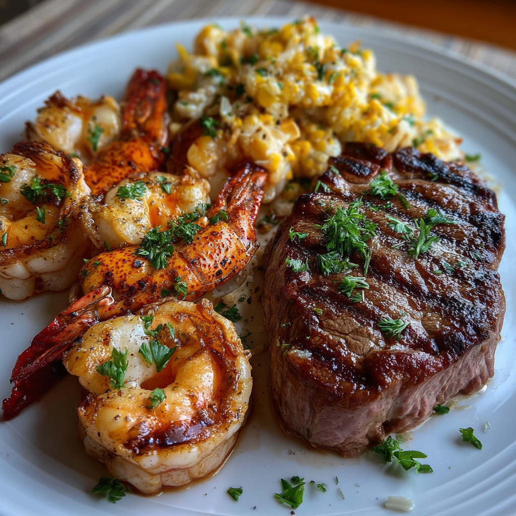 A plate of food with shrimp, corn, and steak.