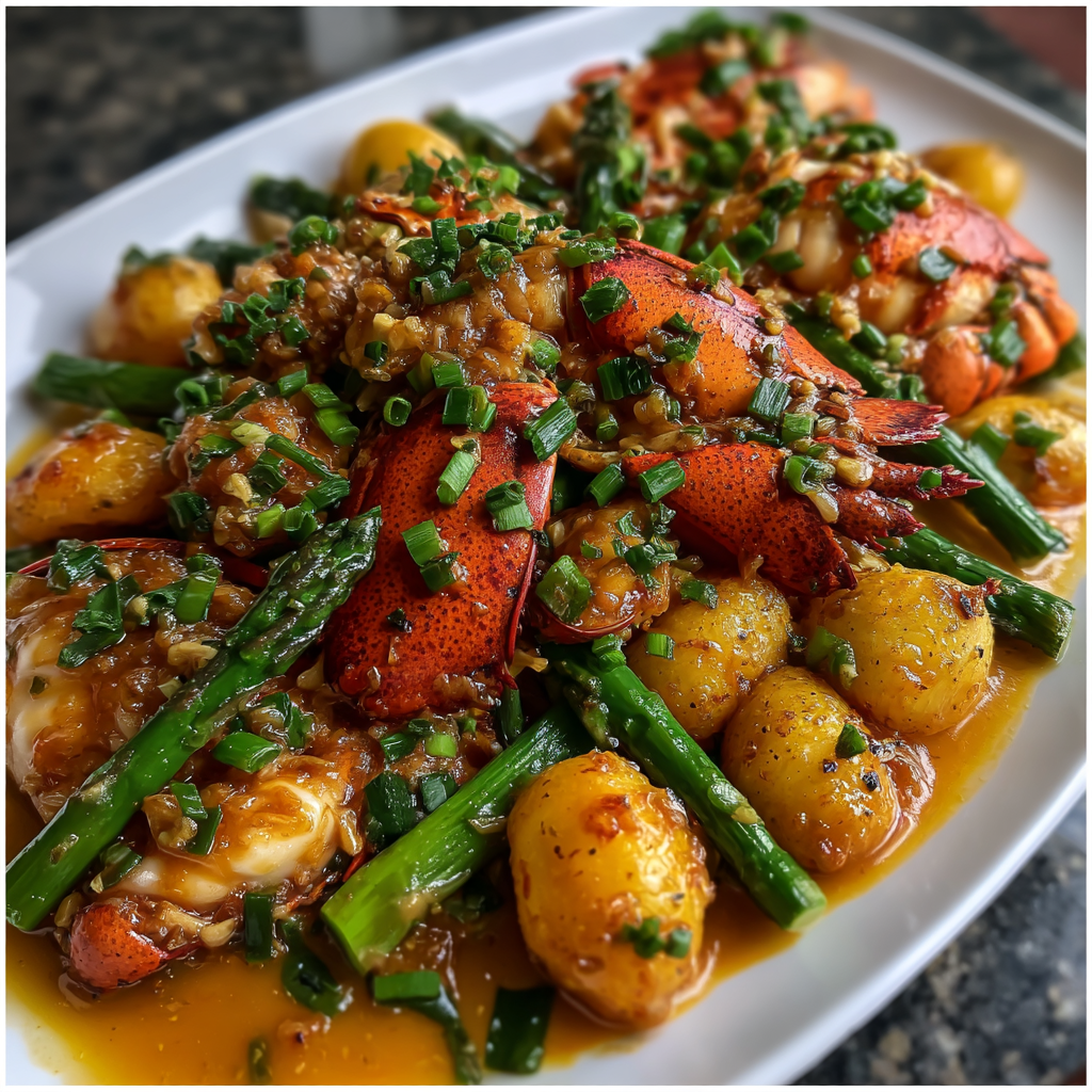 A plate of food with lobster, asparagus, and potatoes.