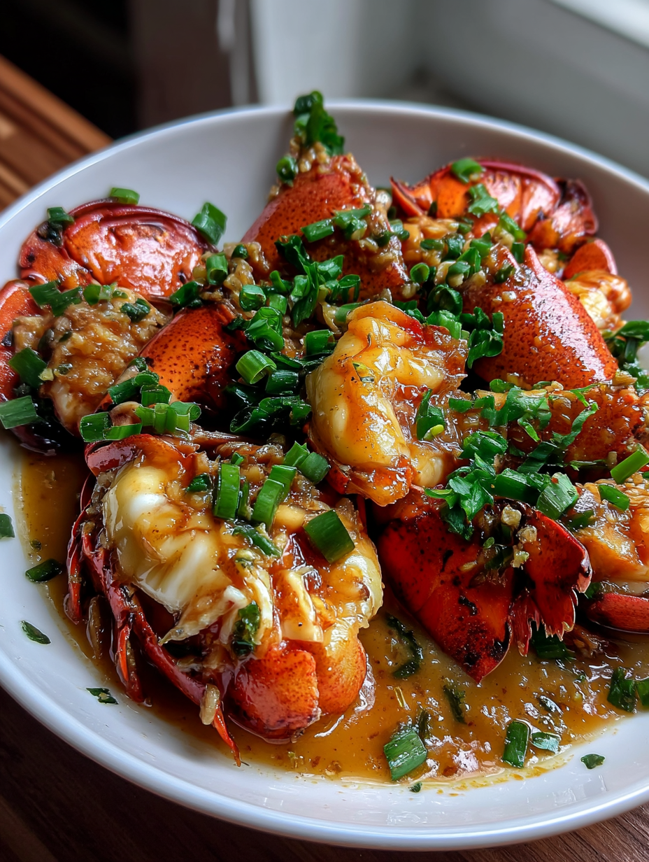 A plate of cooked lobster with green onions.