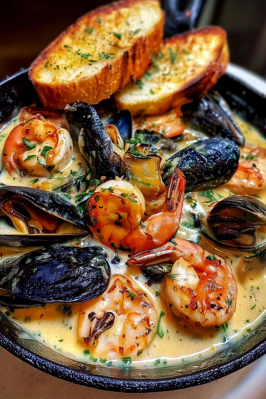 A bowl of shrimp and bread.