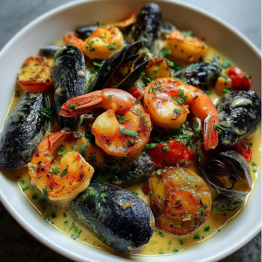 A bowl of shrimp and vegetables.