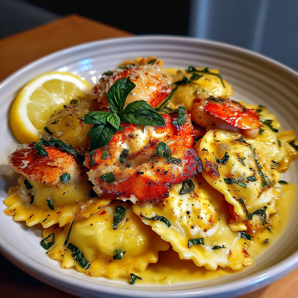 A plate of food with shrimp, lobster, and pasta.