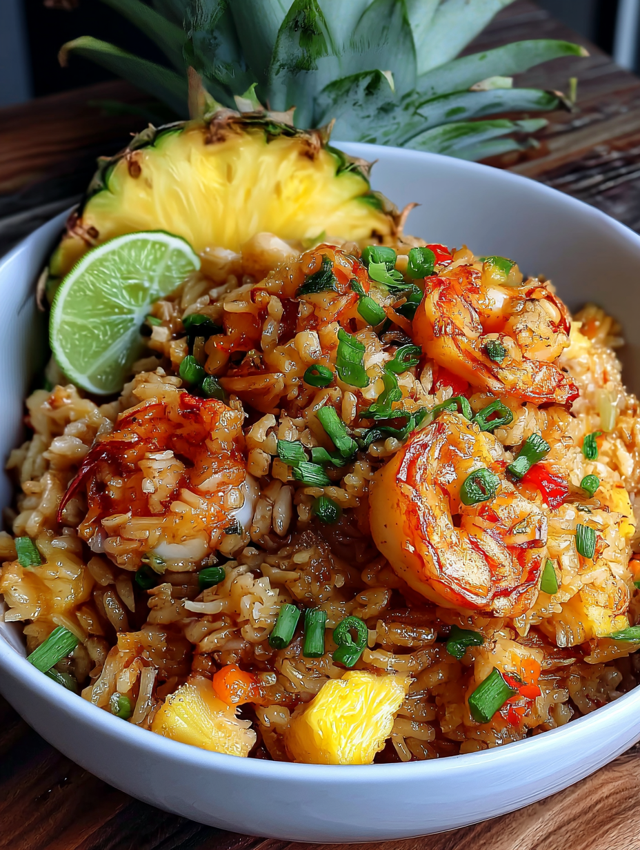 A bowl of rice with shrimp and pineapple.