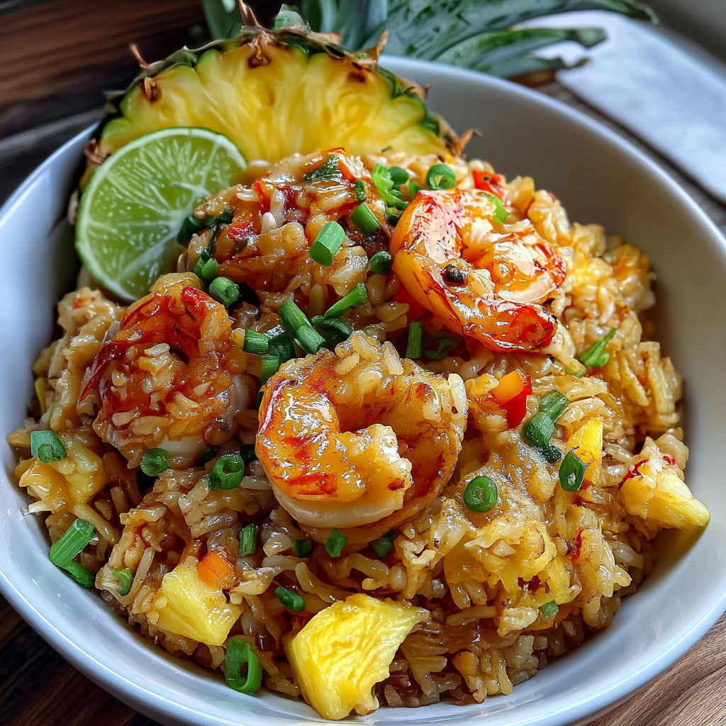 A bowl of shrimp and rice with a pineapple on top.