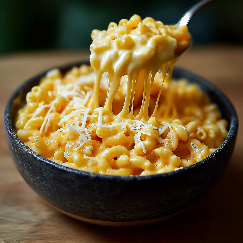 A bowl of macaroni and cheese.
