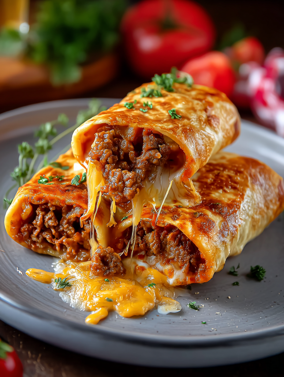 A plate with two burritos with cheese.
