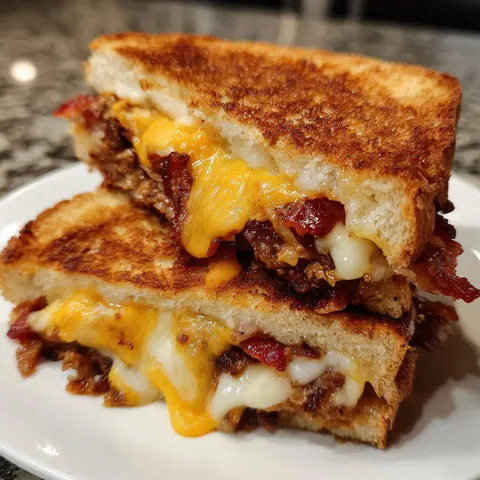 A sandwich with cheese and bacon on a plate.