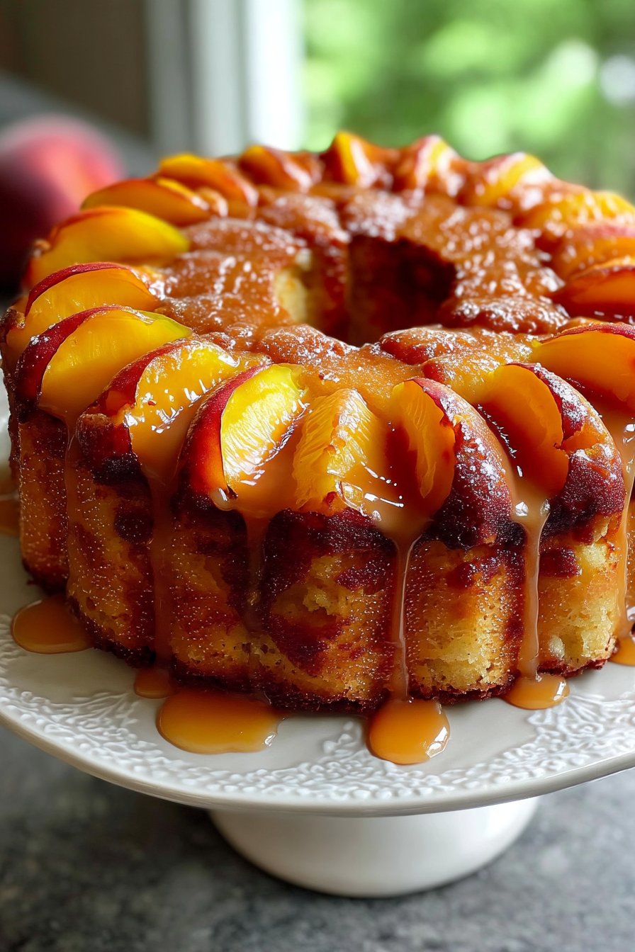 A cake with peaches on top.