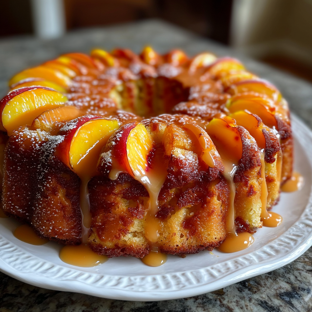 A cake with peaches on top.