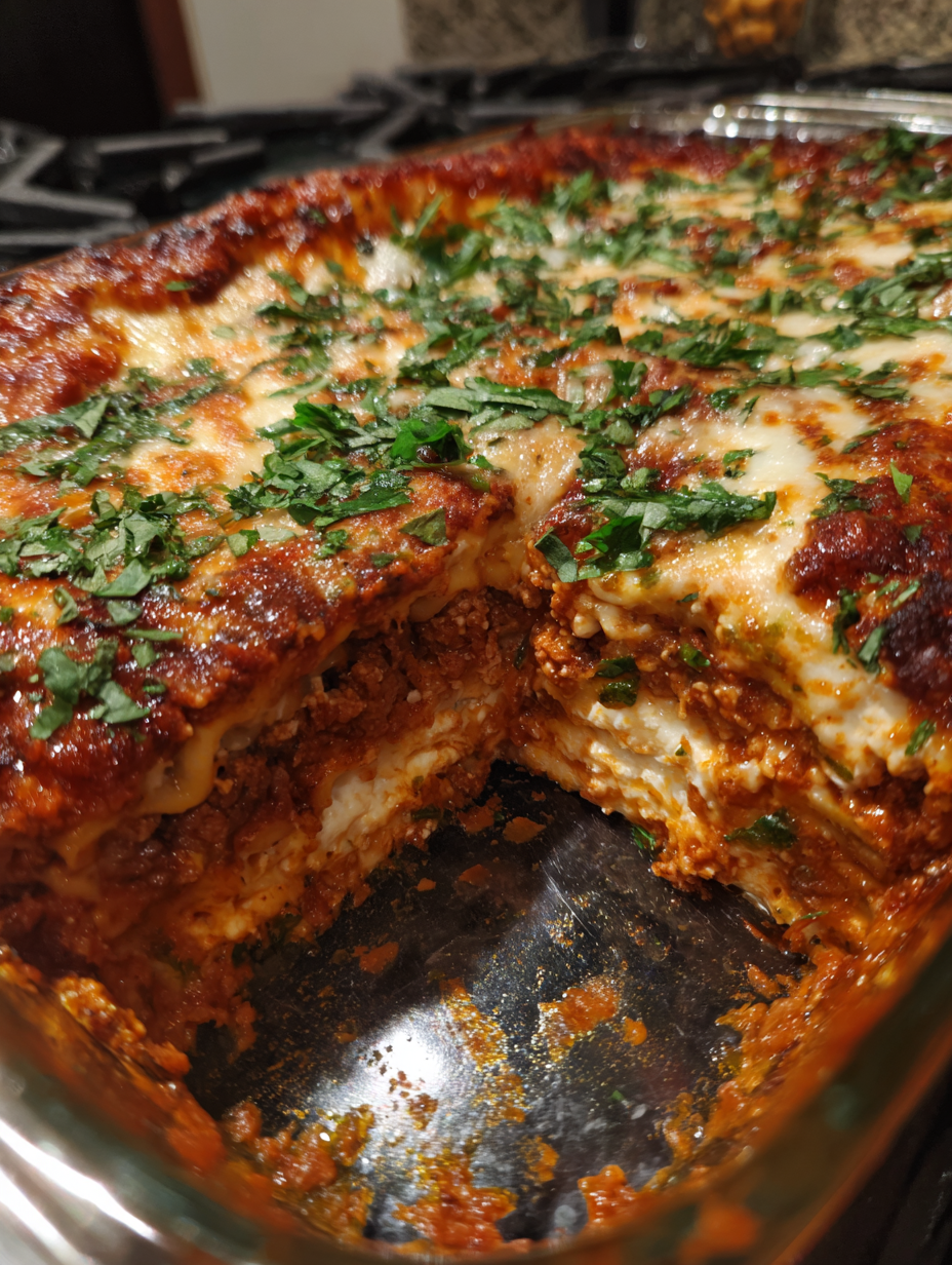 A pan of lasagna with green herbs on top.