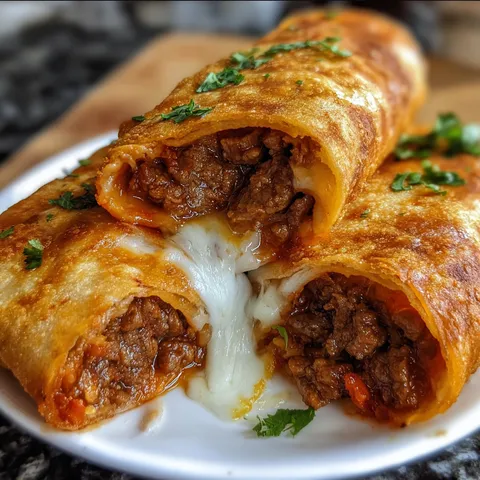 A plate with two meat filled burritos.