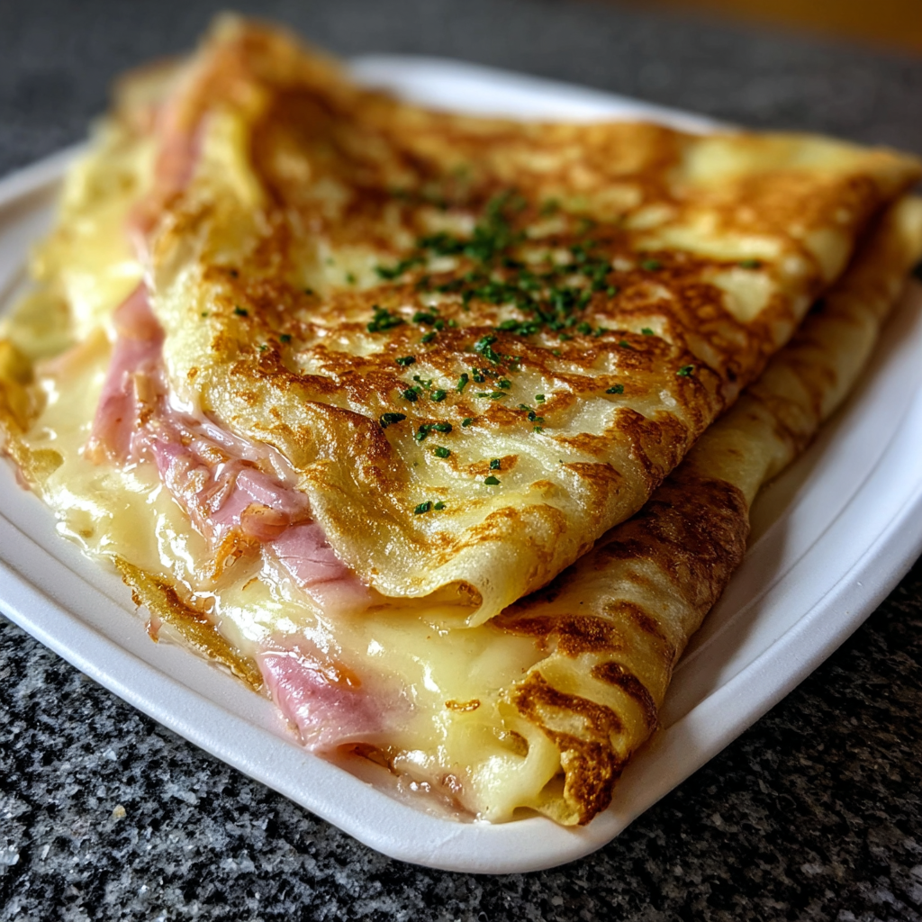 A plate of food with ham and cheese.