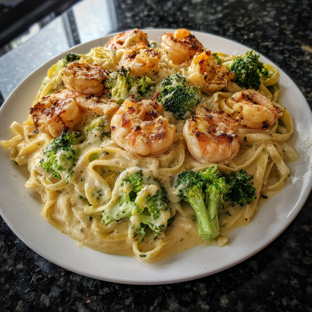 A plate of shrimp and broccoli.