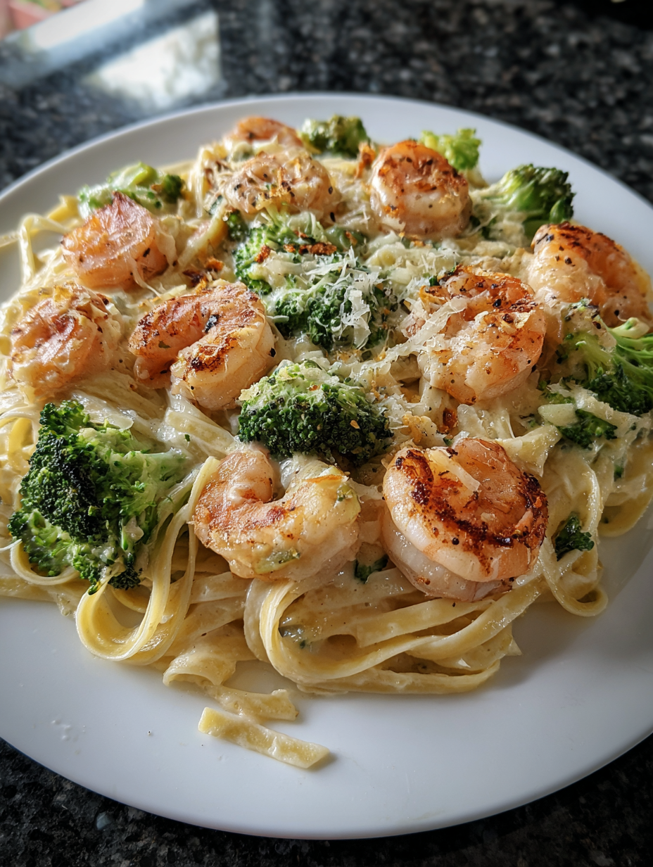 A plate of shrimp and broccoli.