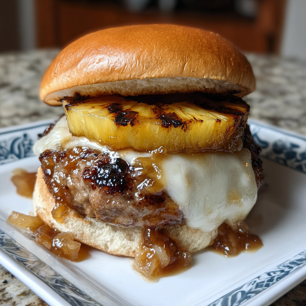 A hamburger with pineapple and cheese.