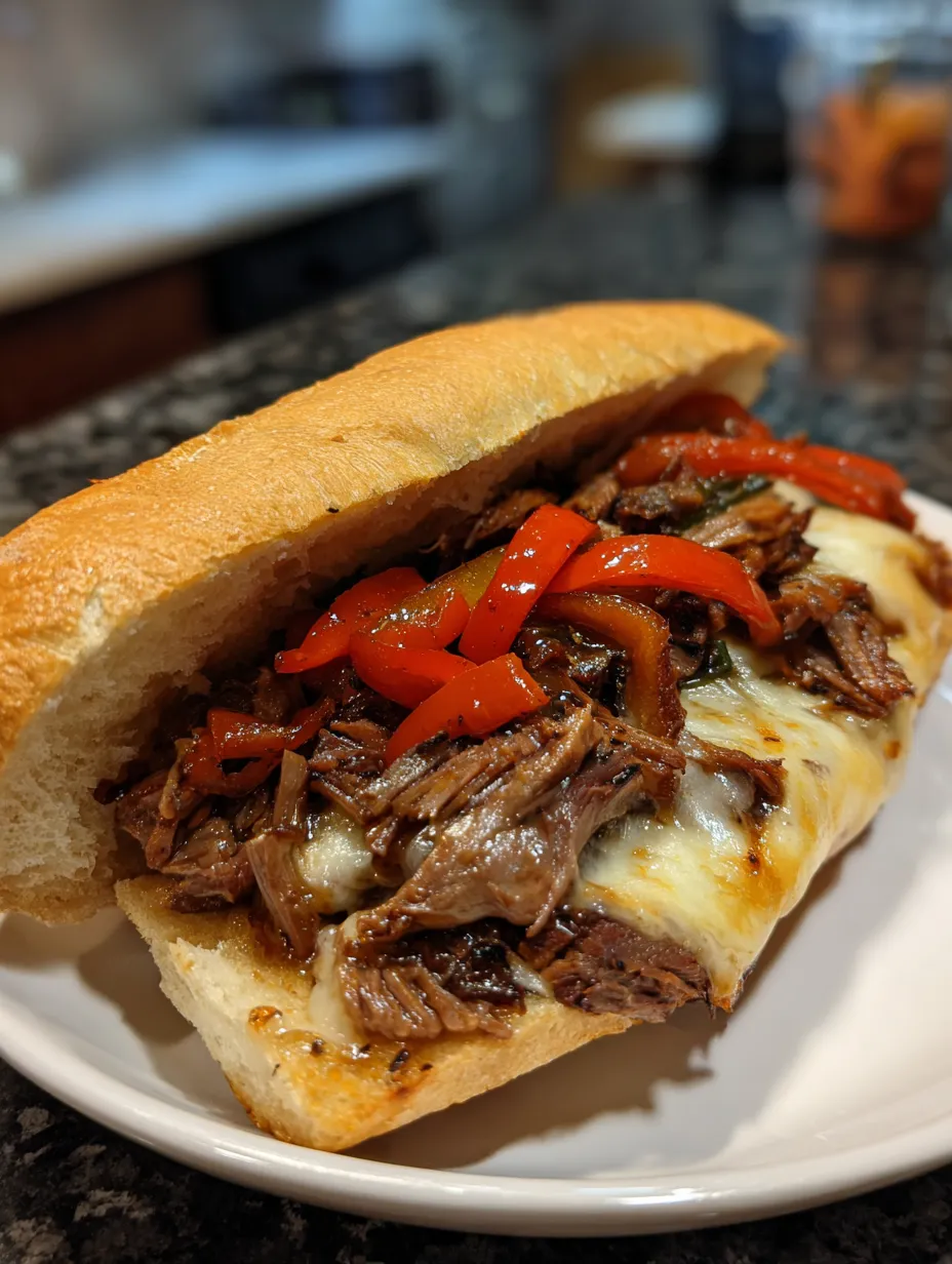 A sandwich with meat and peppers on a white plate.