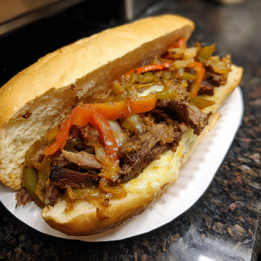 A sandwich with meat, peppers and onions.