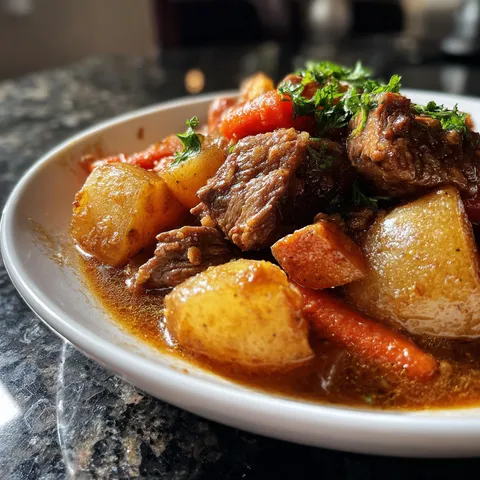 A plate of food with meat and vegetables.