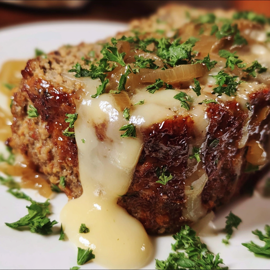 A piece of meat with onions and cheese on it.
