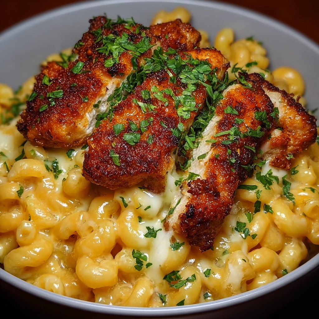 A bowl of macaroni and cheese with chicken.