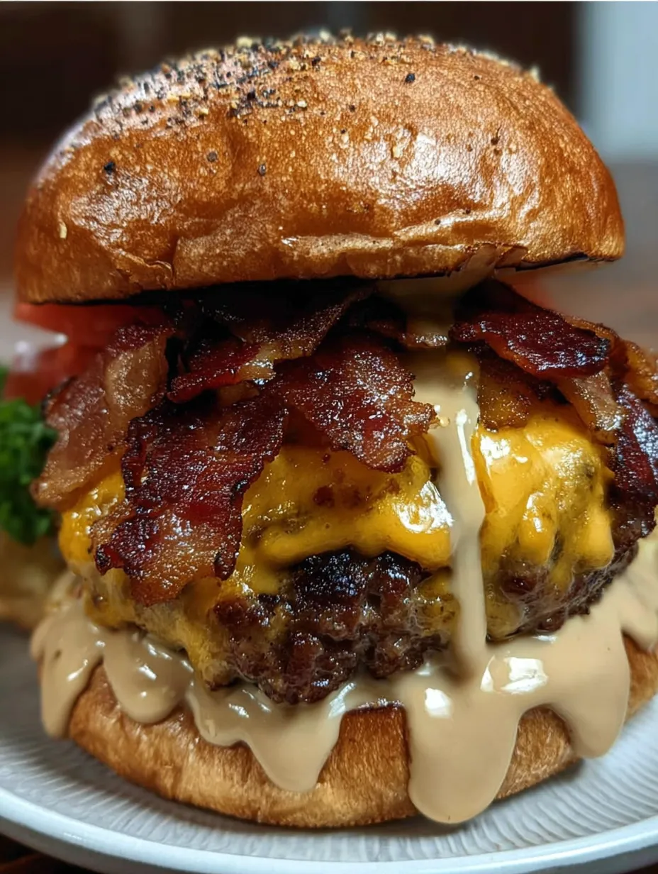 A close up of a bacon cheeseburger.
