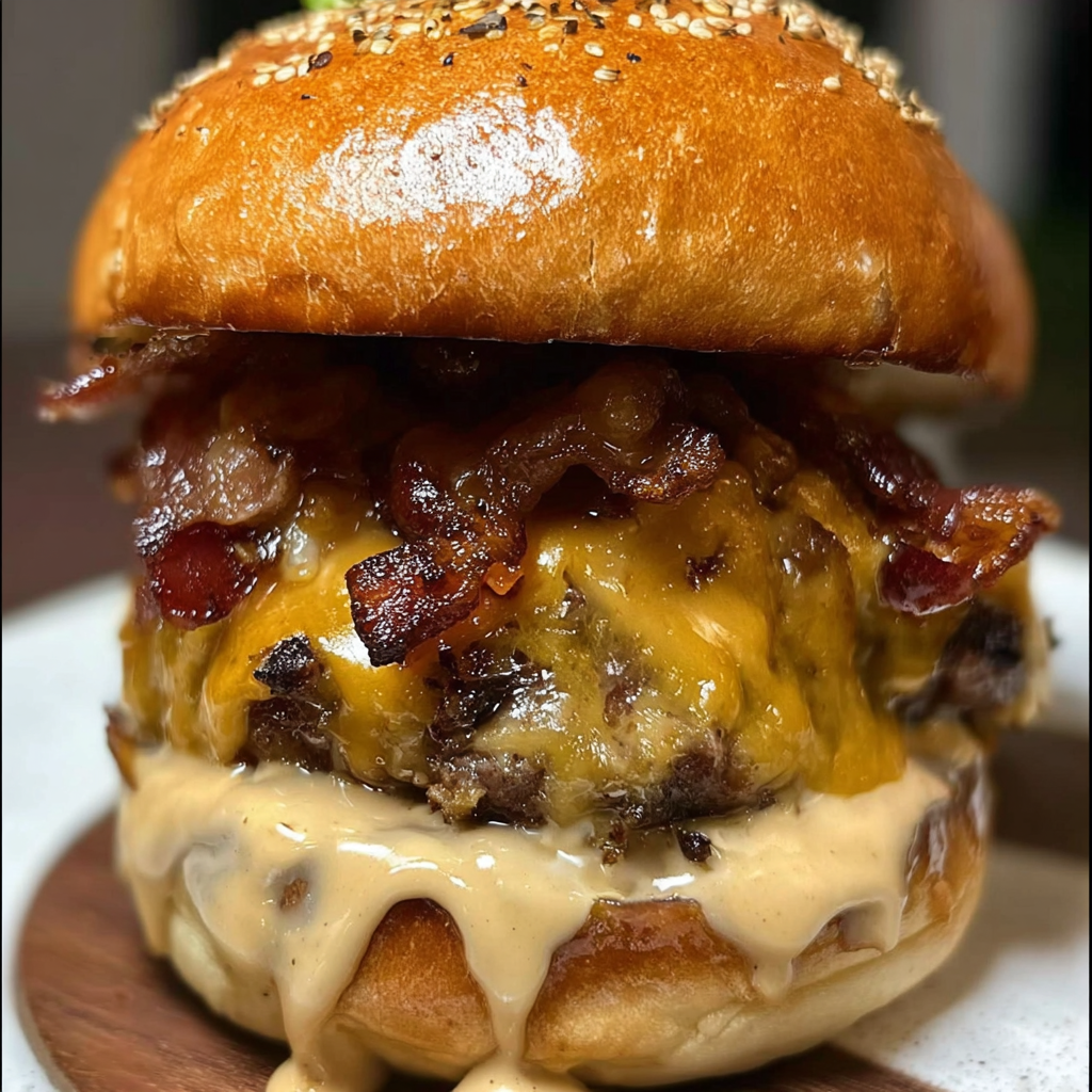 A close up of a burger with bacon and cheese.