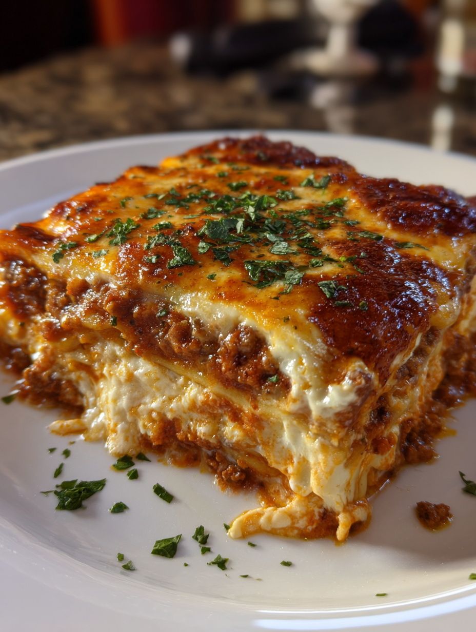 A slice of lasagna on a white plate.