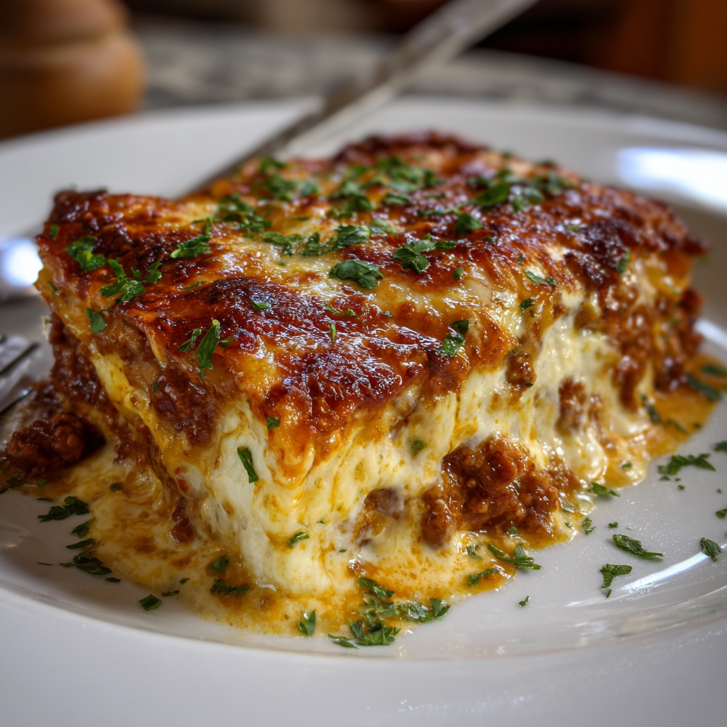 A slice of lasagna on a plate.