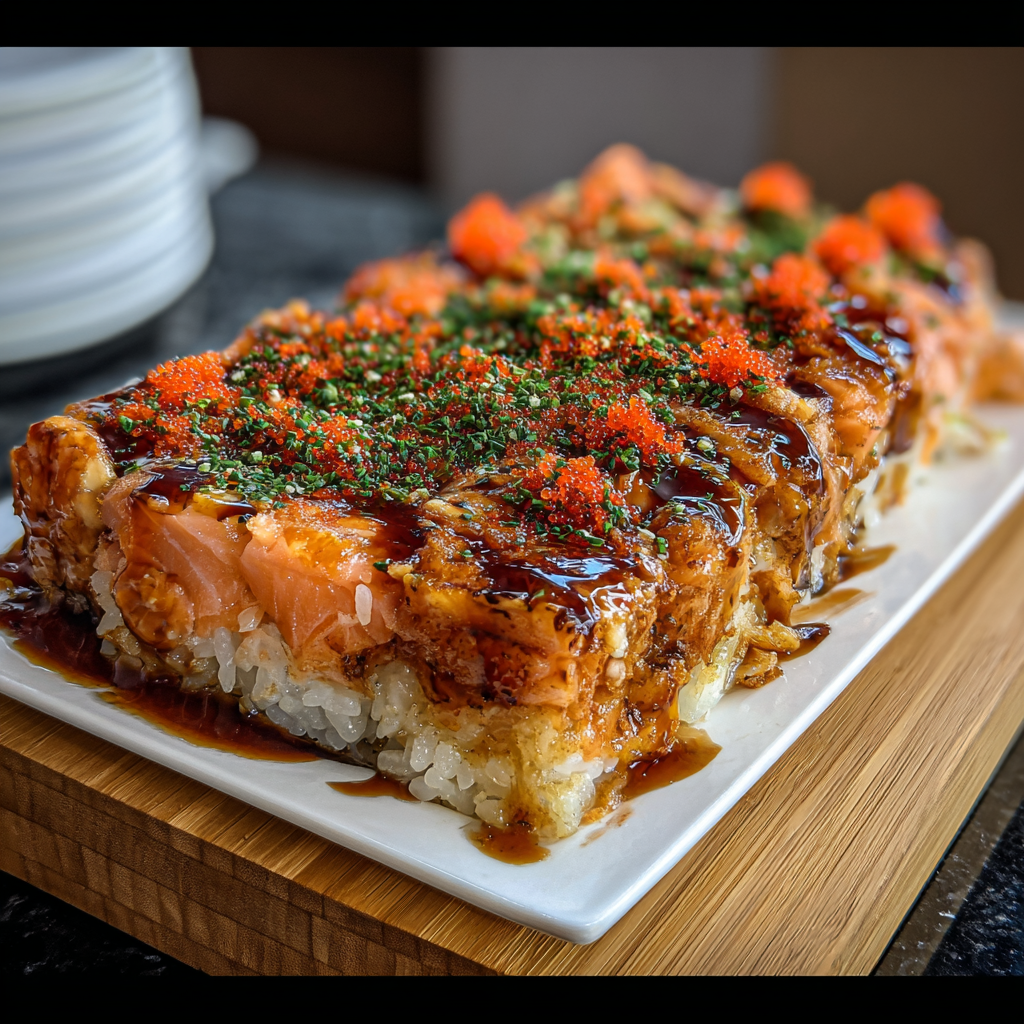 A plate of sushi with rice and orange toppings.