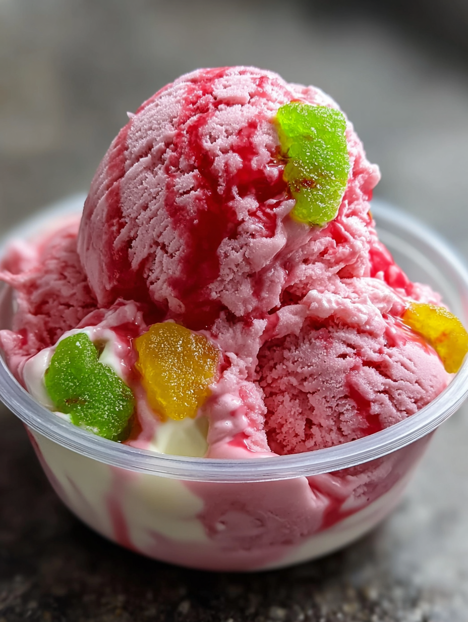 A bowl of pink and red frozen dessert with gummy bears on top.