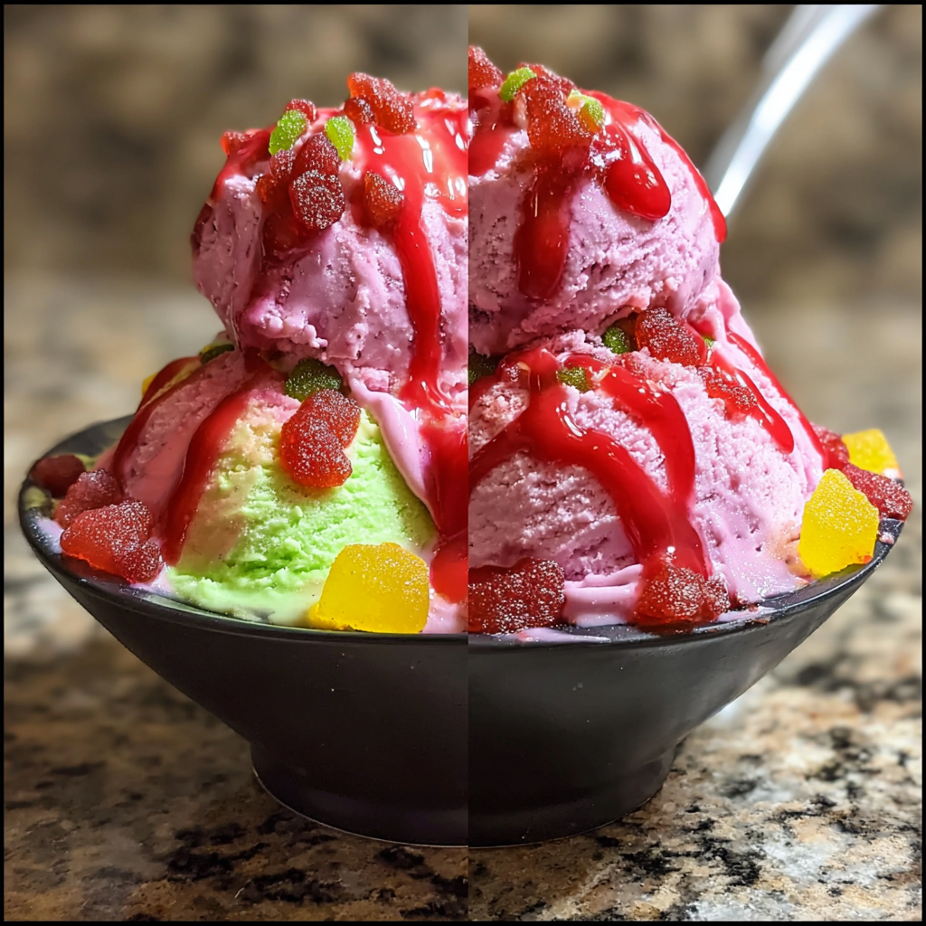 A bowl of ice cream with red sauce.