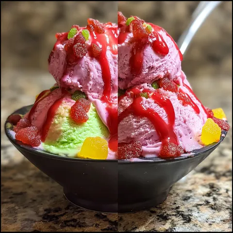 A bowl of ice cream with red sauce.