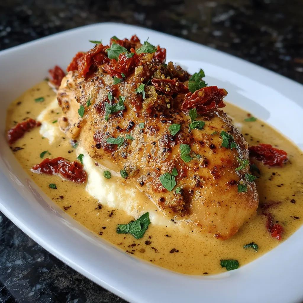 A plate of food with a chicken breast on top.