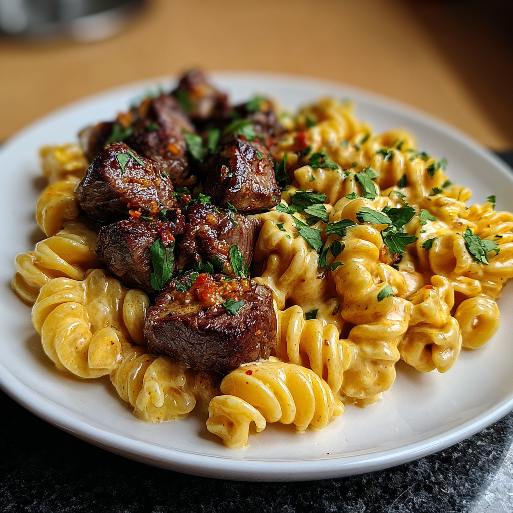 A plate of food with pasta and meat.