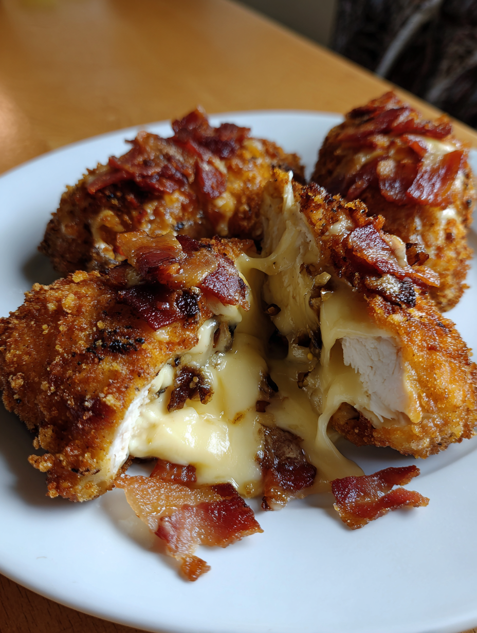Bacon wrapped chicken with cheese.
