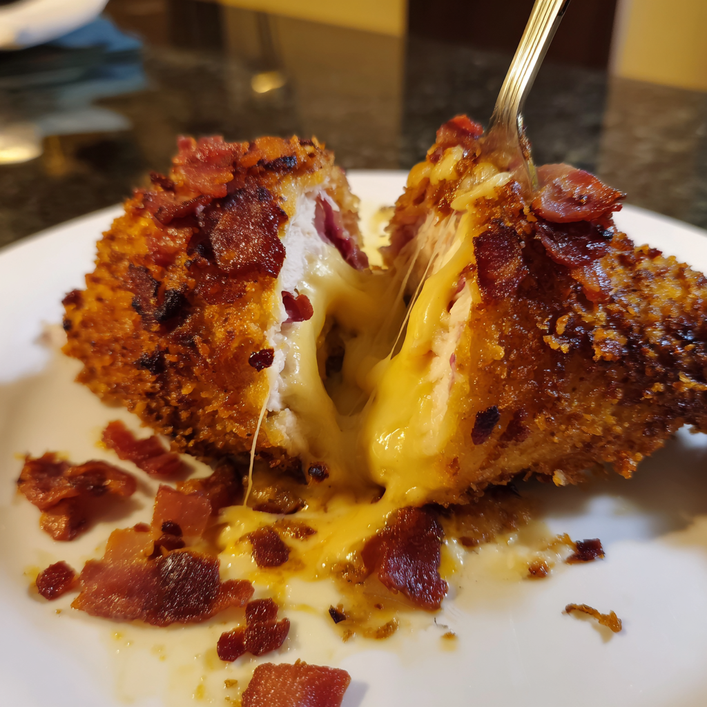 A piece of bacon with cheese on top.