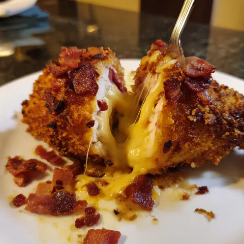 A piece of bacon with cheese on top.