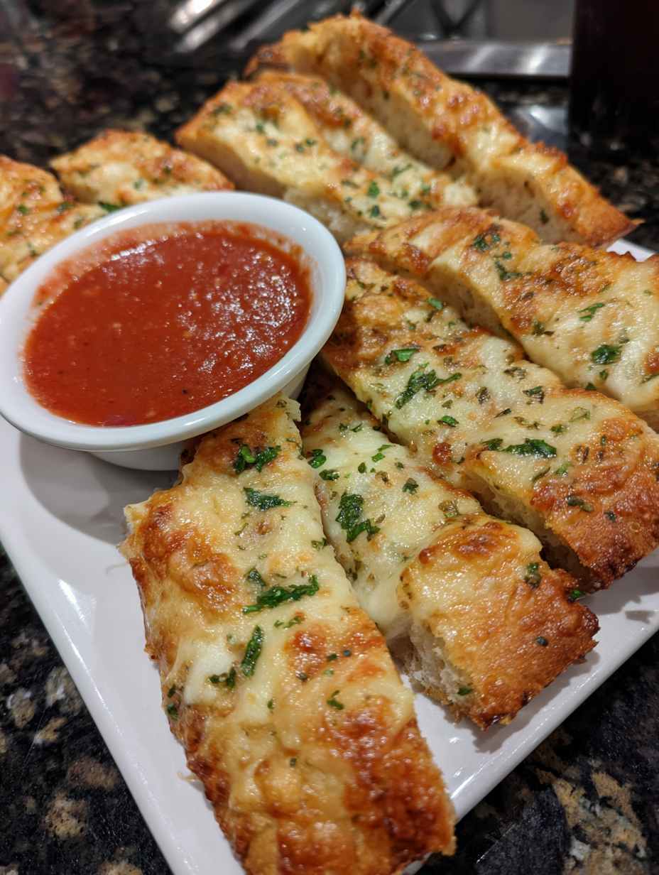 A plate of breadsticks with marinara sauce.