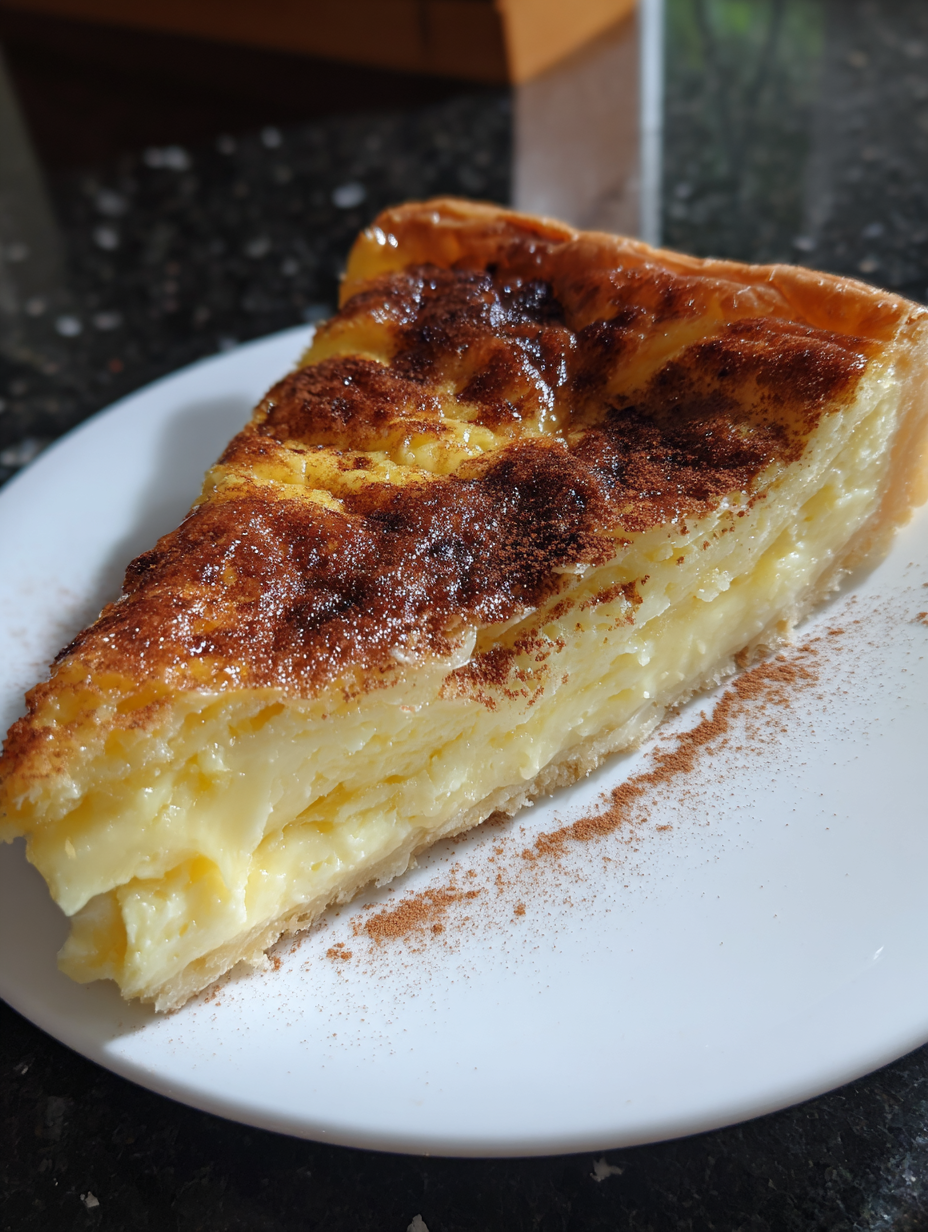 A slice of pie with cinnamon on a plate.