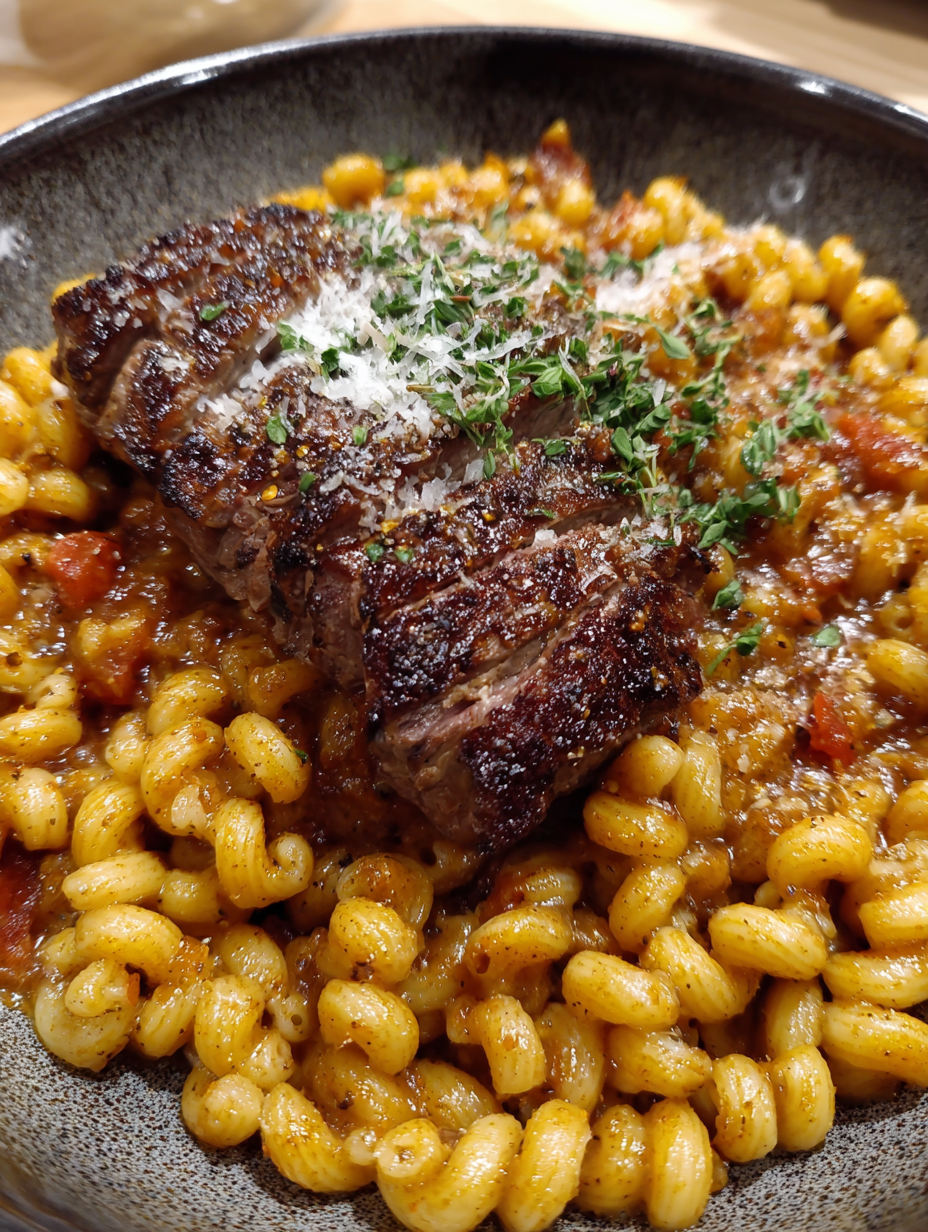 A plate of pasta with meat on top.