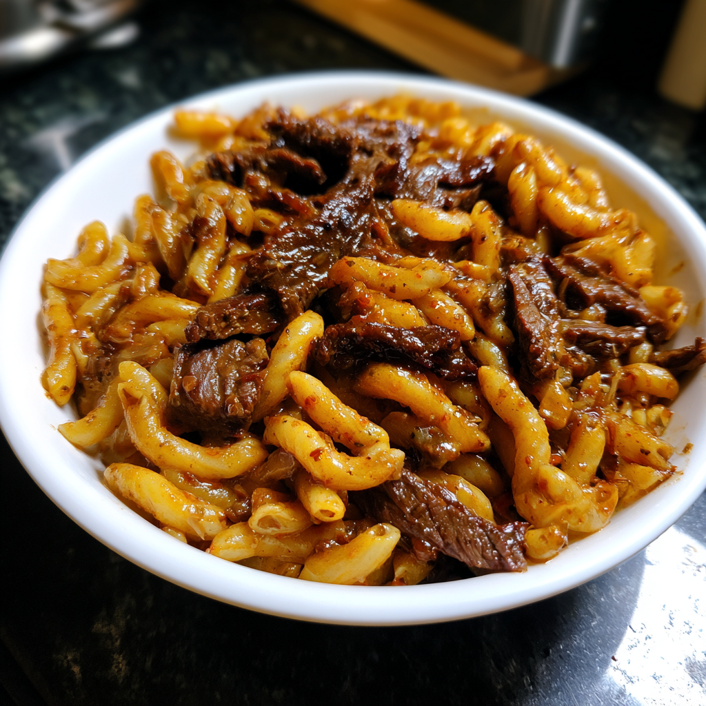 A bowl of pasta with meat.