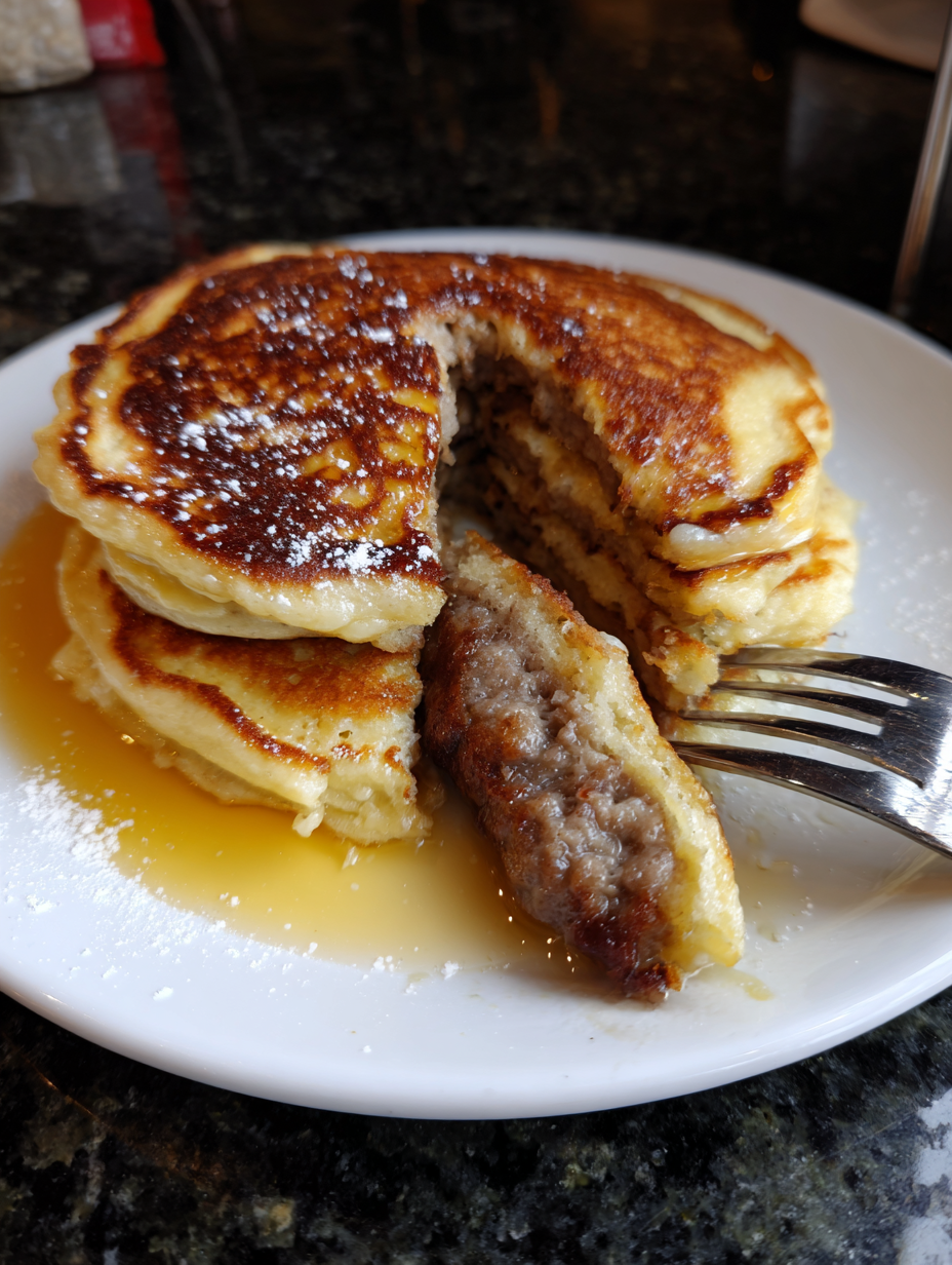 A plate of pancakes with a sausage link in it.