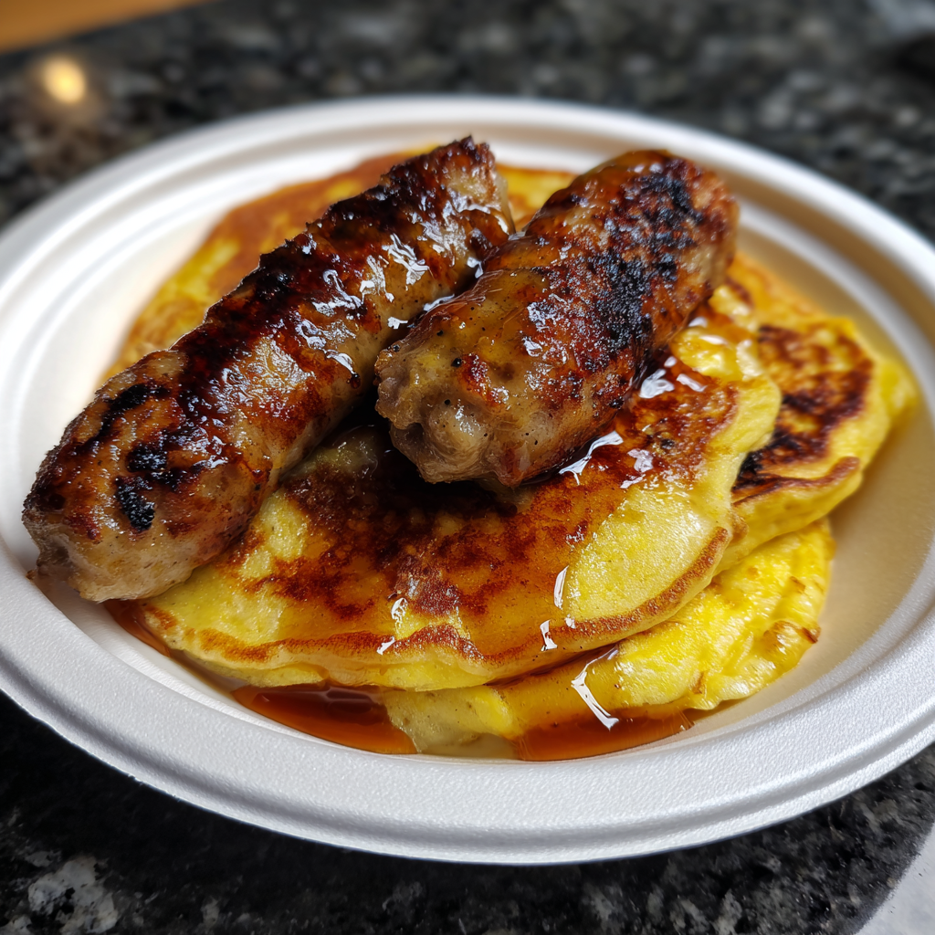 A plate of sausage and pancakes.