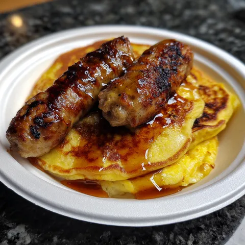 A plate of sausage and pancakes.
