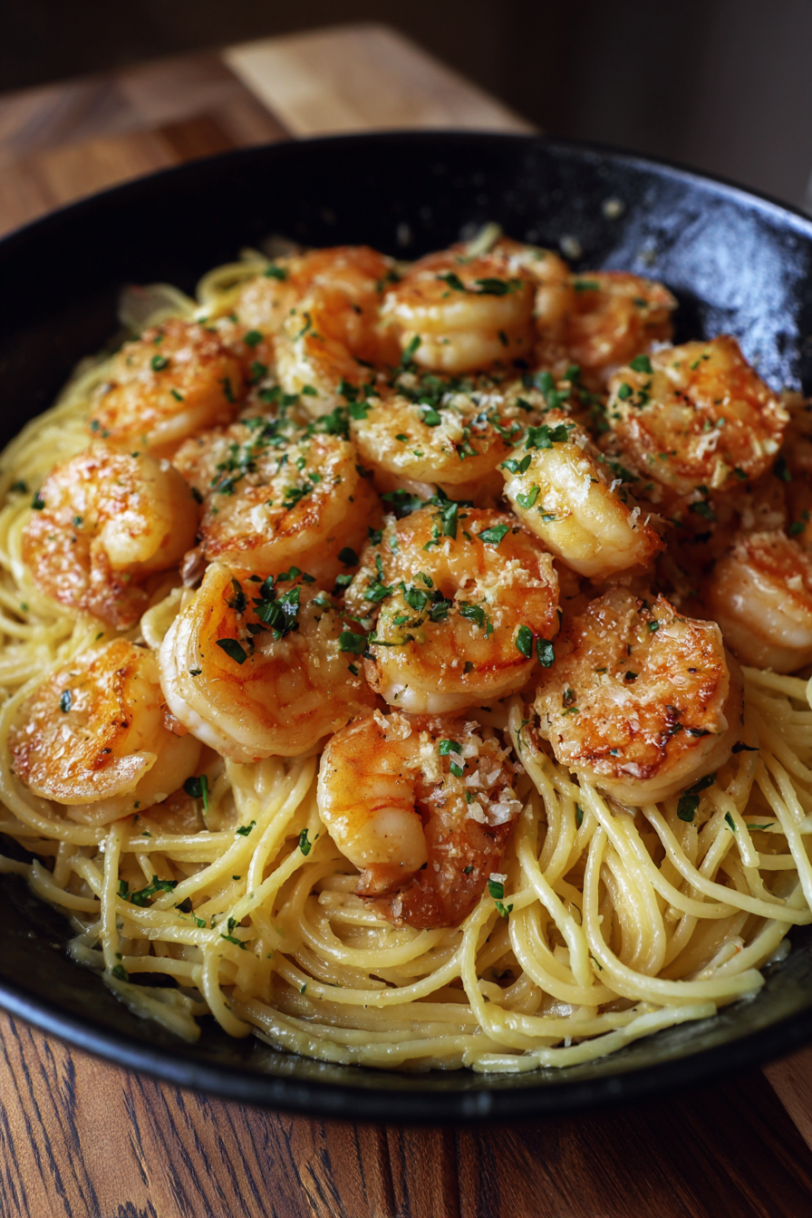 A bowl of shrimp and pasta.
