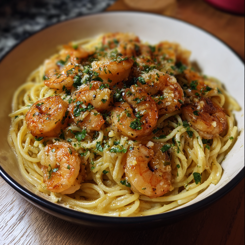 A bowl of shrimp and pasta.