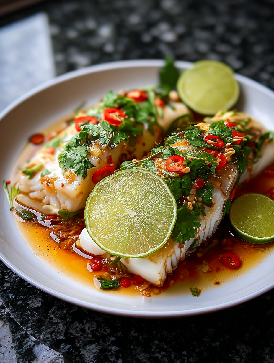 A plate of food with lime and red peppers.