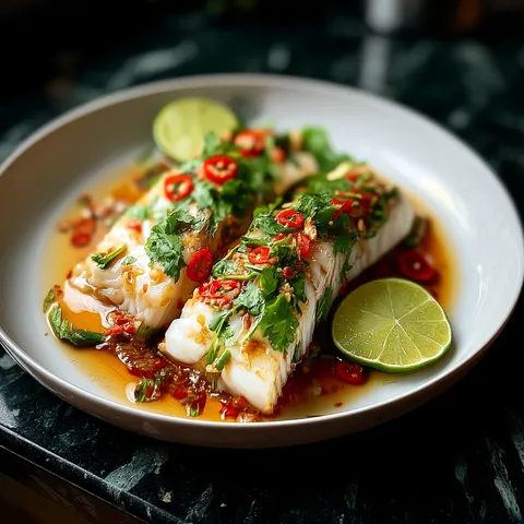 A plate of fish with peppers and lime.