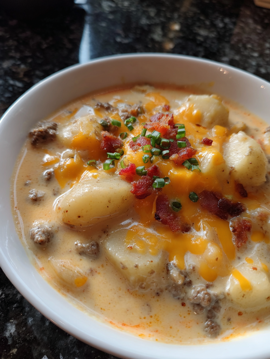 A bowl of soup with bacon and potatoes.
