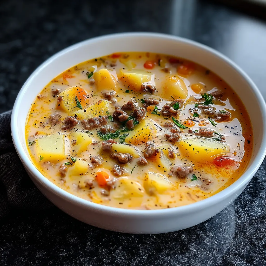A bowl of soup with meat and vegetables.